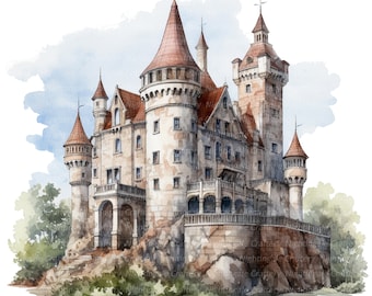 12 Medieval Castle Landscape Clipart, Printable Watercolor clipart, High Quality JPGs, Digital download, Paper craft, Junk Journals