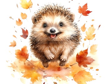 10 Happy Hedgehog in Autumn Clipart, Printable Watercolor clipart, High Quality JPGs, Digital download, Paper craft, junk journals