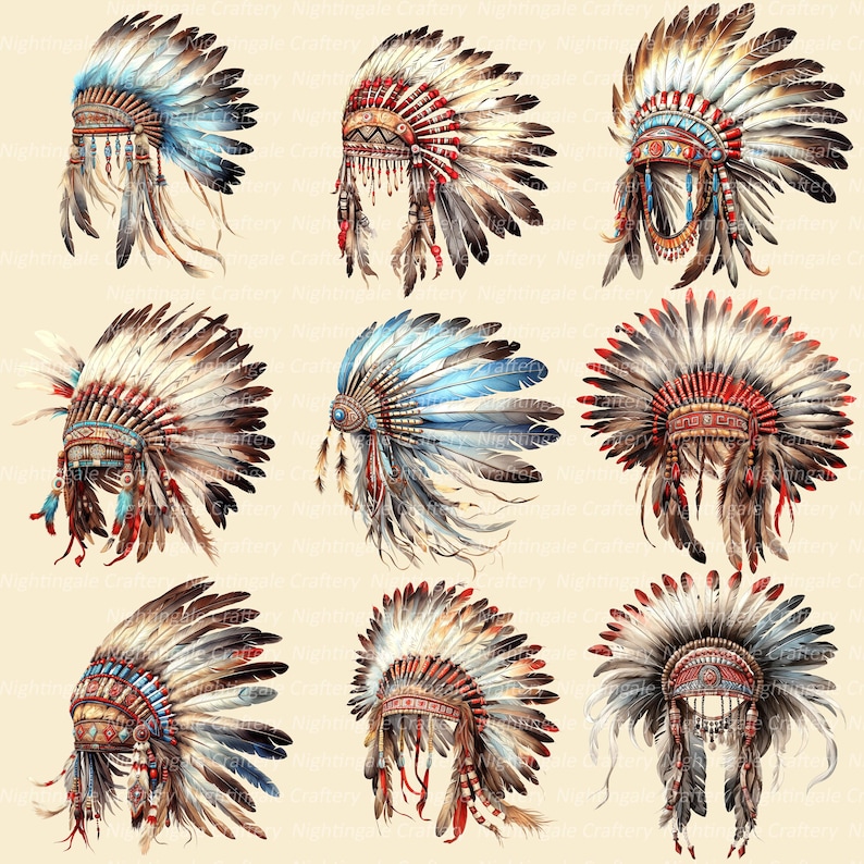 K&ouml;nnte beinhalten: Neun Aquarell-Illustrationen von indianischen Kopfschmucken. Jeder Kopfschmuck weist eine Vielzahl von Farben auf, darunter Blau, Rot, Braun und Wei&szlig;, mit aufwendigen Perlenarbeiten und Federdetails. Die Kopfbedeckungen werden vor einem neutralen Hintergrund dargestellt.
