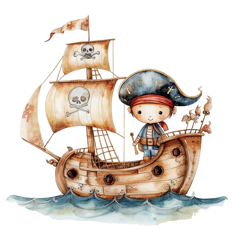 12 cliparts pirates de dessin animé, impression pirates mignons, clipart aquarelle imprimable, JPG de haute qualité, téléchargement numérique, créations en papier, journal indésirable image 4