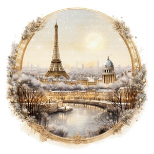 12 Christmas Paris Clipart, Kartka świąteczna, Wydrukowalne cliparty akwarelowe, Wysokiej jakości pliki PNG/JPG, Pobieranie cyfrowe, Rękodzieło papierowe, dziennik śmieci