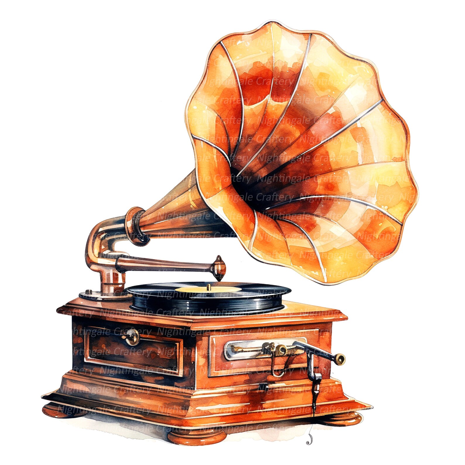 8 Vintage Gramophone Clipart, Phonograph, Printable Watercolor Clipart, High Quality JPG ...