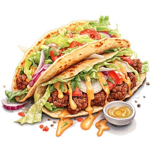 May include: A double-layered taco filled with ground beef, lettuce, tomato, onion, and cilantro. The taco is topped with a creamy yellow sauce and is served on a white plate with a small bowl of sauce.