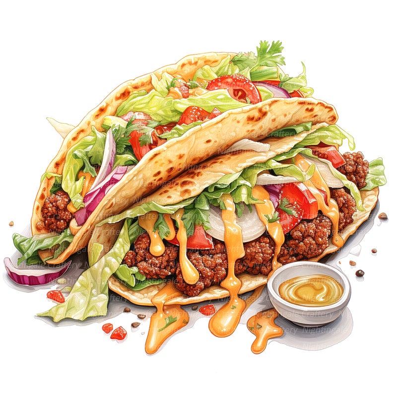 May include: A double-layered taco filled with ground beef, lettuce, tomato, onion, and cilantro. The taco is topped with a creamy yellow sauce and is served on a white plate with a small bowl of sauce.