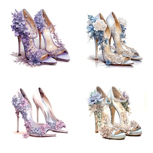Peut inclure: Quatre paires de chaussures &agrave; talons hauts avec des embellissements floraux. Les chaussures sont dans diff&eacute;rentes nuances de bleu, de violet et de blanc. Les fleurs sont en tissu et sont dispos&eacute;es dans une vari&eacute;t&eacute; de styles.