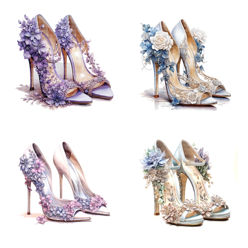 Peut inclure: Quatre paires de chaussures &agrave; talons hauts avec des embellissements floraux. Les chaussures sont dans diff&eacute;rentes nuances de bleu, de violet et de blanc. Les fleurs sont en tissu et sont dispos&eacute;es dans une vari&eacute;t&eacute; de styles.