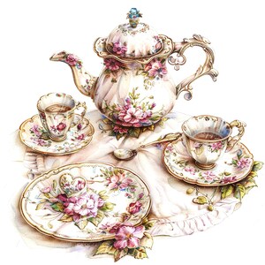 May include: A vintage tea set with a floral pattern. The set includes a teapot, two teacups, and two saucers. The teapot has a lid with a blue jewel on top. The teacups and saucers are decorated with pink and white flowers.
