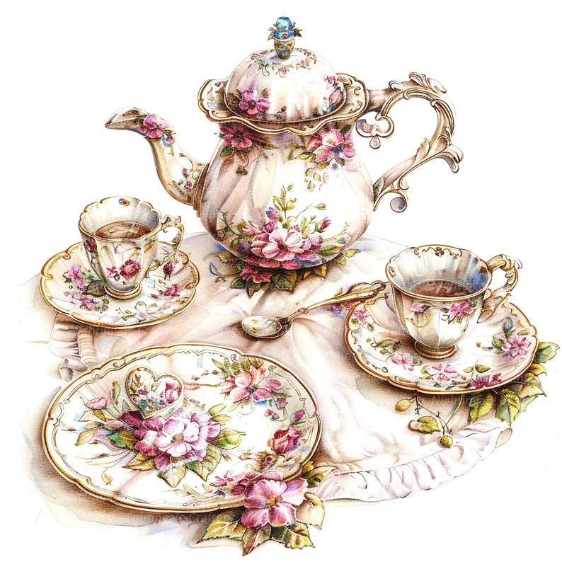 May include: A vintage tea set with a floral pattern. The set includes a teapot, two teacups, and two saucers. The teapot has a lid with a blue jewel on top. The teacups and saucers are decorated with pink and white flowers.