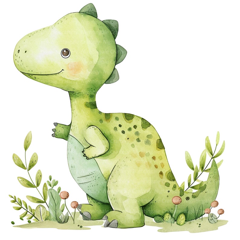 Pu&ograve; includere: Illustrazione ad acquerello di un simpatico dinosauro verde con un viso sorridente, braccia piccole e una schiena appuntita. Il dinosauro &egrave; circondato da piante verdi e piccoli funghi rotondi rosa e marroni, il tutto su sfondo bianco.