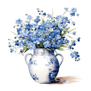 Clipart de myosotis dans un vase, clipart aquarelle imprimable, 10 PNG de haute qualité, téléchargement numérique, créations en papier, journal de bordel