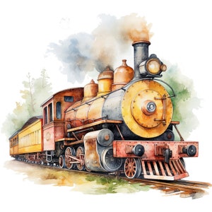 10 Cartoon Locomotives Clipart, Antique Train, Printable Watercolor clipart, High Quality JPGs, Digital download, Paper craft, junk journal image 5