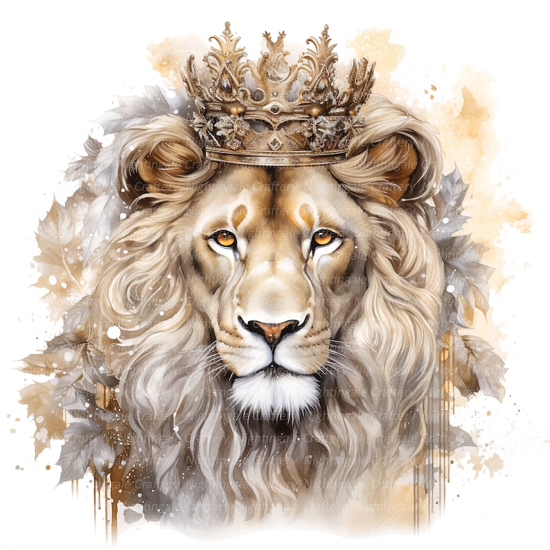 May include: A majestic lion with a golden crown, rendered in a watercolor style. The lion's mane is flowing and the background features a soft, watercolor wash of brown and gold.