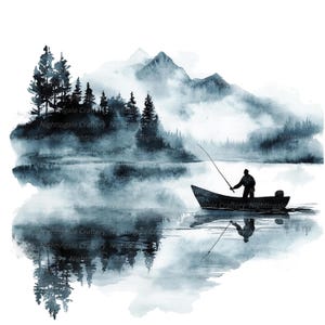 10 cliparts de pêche homme, paysage de pêche au lac, clipart aquarelle imprimable, fichiers JPG de haute qualité, téléchargement numérique, créations en papier, journal indésirable