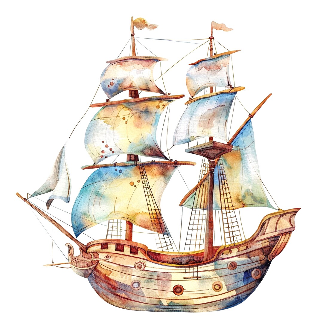 10 Cartoon Ship Clipart, Nursery Ship Clipart, Printable Watercolor ...
