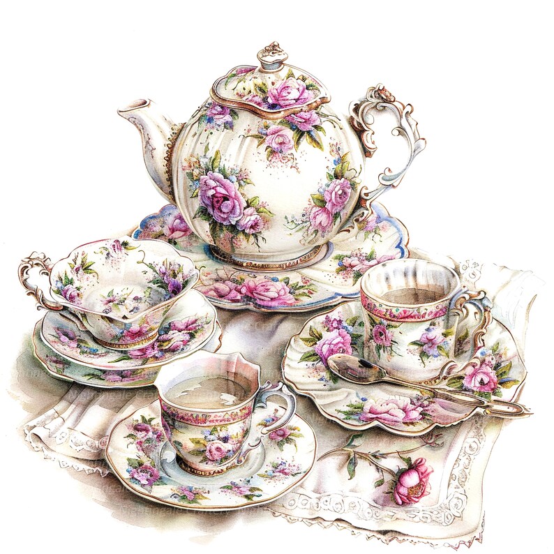 May include: A white teapot with floral designs and a matching set of teacups and saucers. The teapot has a gold handle and spout, and the cups and saucers have gold trim. The teacups and saucers are decorated with pink and purple flowers.