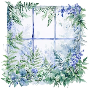 8 Clipart de fenêtre florale, fougères, clipart aquarelle imprimable, fichiers JPG de haute qualité, téléchargement numérique, créations en papier, journaux indésirables