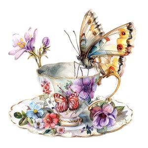16 Clipart di farfalle su tazze da tè, Clipart di Tea Party, Clipart di acquerelli stampabili, JPG di alta qualità, Download digitale, Carta artigianale, Diario