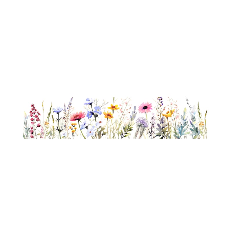 Peut inclure: Peinture &agrave; l'aquarelle d'une bordure de fleurs sauvages color&eacute;es, comprenant des fleurs roses, bleues, jaunes et rouges, avec des feuilles et des tiges vertes.