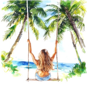 7 Woman On Beach Clipart, Woman Swing, Palms, Printable Watercolor clipart, High Quality JPGs, Digital download, Paper craft, junk journal
