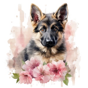 11 Floral German Shepherd Clipart, Floral dog, Printable Watercolor clipart, High Quality JPGs, Digital download, Paper craft, junk journals