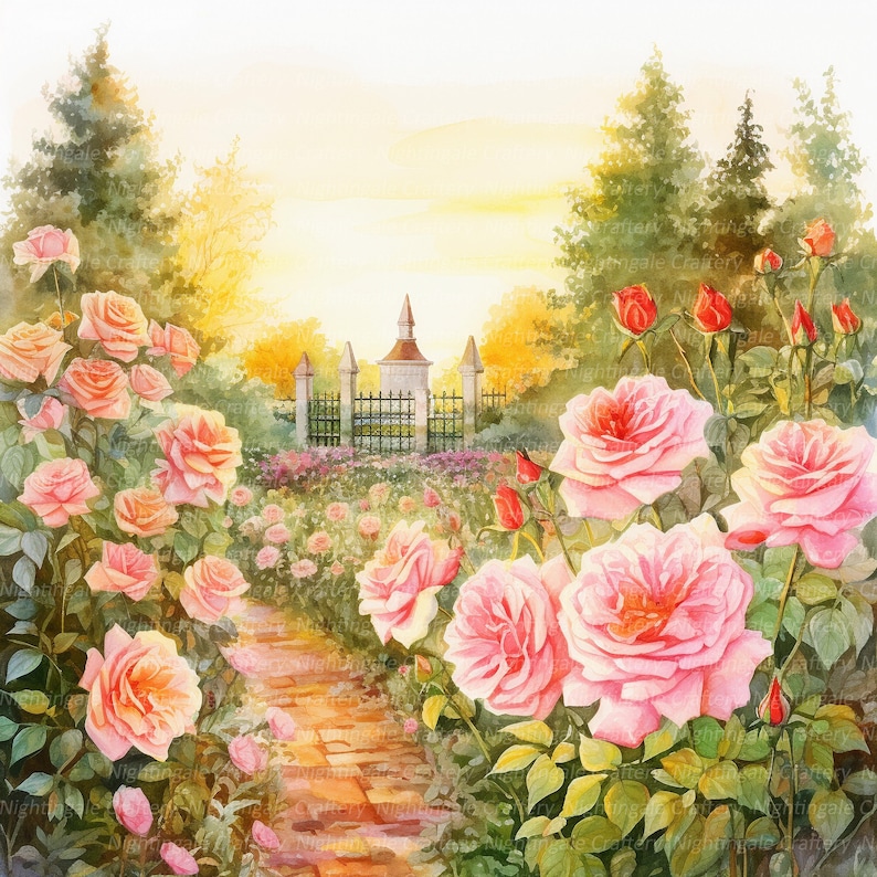 10 Rose Garden Clipart, Sunset over Garden, Printable Watercolor clipart, High Quality JPGs, Digital download, High Resolution, Paper craft image 3