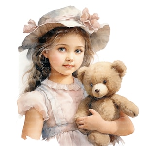 12 viktorianische Mädchen mit Teddybär Clipart, druckbare Aquarell Clipart, hochwertige JPGs, digitaler Download, Papiermodell, Junk-Journal