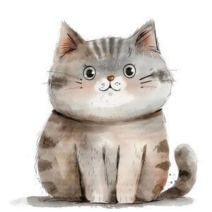 May include: A watercolor illustration of a gray and white tabby cat sitting with a sweet expression. The cat has large, round eyes and a pink nose.
