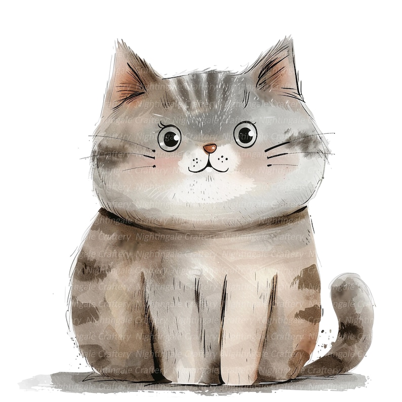 May include: A watercolor illustration of a gray and white tabby cat sitting with a sweet expression. The cat has large, round eyes and a pink nose.