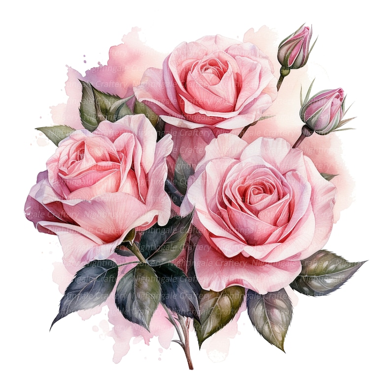 10 Pink Roses Bouquet Clipart, Wedding Bouquet, Printable Watercolor ...