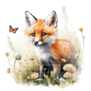 10 Fox en Butterfly clipart, Fox baby Meadow, afdrukbare aquarel clipart, hoge kwaliteit png's, digitale download, Paper Craft, junk journal