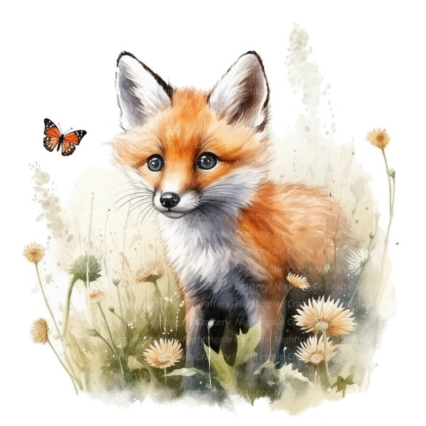 10 Fuchs und Schmetterling Clipart, Fuchs Baby Wiese, druckbare Aquarell Clipart, hochwertige JPGs, digitaler Download, Papiermodell, Junk Journal