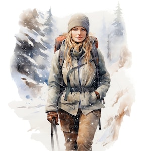 May include: A woman wearing a beige jacket, brown trousers, and a grey beanie walks through a snowy forest. She is carrying a large rucksack and a walking stick.