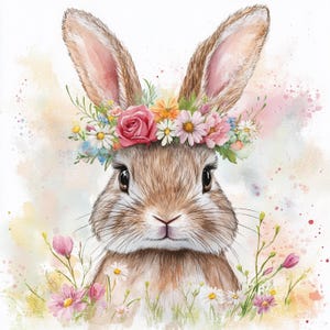 May include: A watercolor painting of a brown bunny rabbit wearing a flower crown with pink, white, and yellow flowers. The bunny is looking directly at the viewer with big brown eyes. The background is a soft watercolor wash of pink, yellow, and blue.