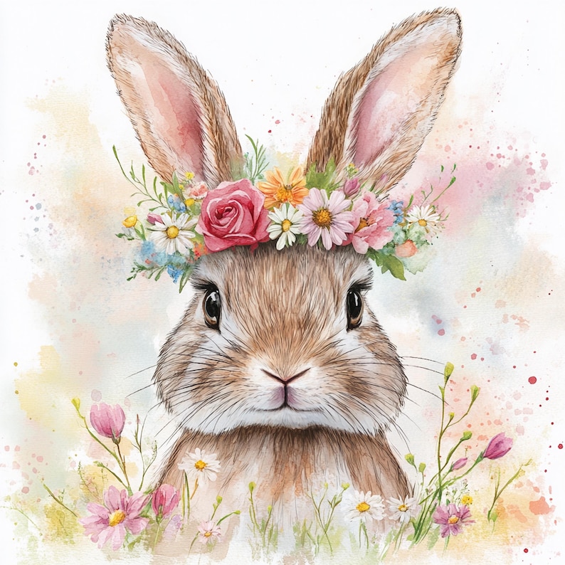 May include: A watercolor painting of a brown bunny rabbit wearing a flower crown with pink, white, and yellow flowers. The bunny is looking directly at the viewer with big brown eyes. The background is a soft watercolor wash of pink, yellow, and blue.