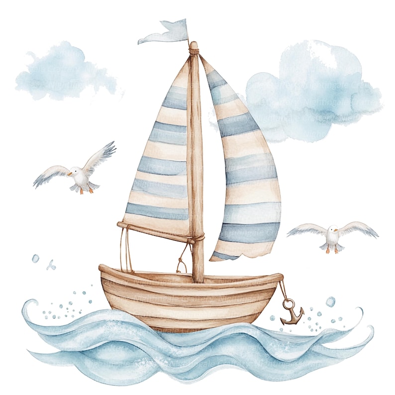 May include: A watercolor illustration of a sailboat with blue and white striped sails, sailing on blue waves with two white seagulls flying overhead. The sailboat has a brown wooden hull and a white anchor.