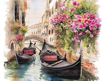 ヴェネツィアのゴンドラの水彩画クリップアート、ロマンチックな運河の