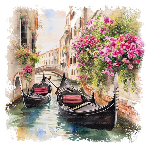 16 Clipart de gondole de Venise, gondole florale, clipart aquarelle imprimable, fichiers JPG de haute qualité, téléchargement numérique, créations en papier, journaux indésirables