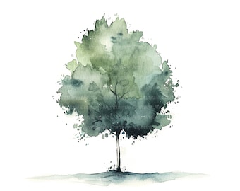Può includere: Un dipinto ad acquerello di un singolo albero con fogliame verde e blu. L'albero è dipinto in uno stile minimalista con un tronco e rami semplici. Lo sfondo è bianco.