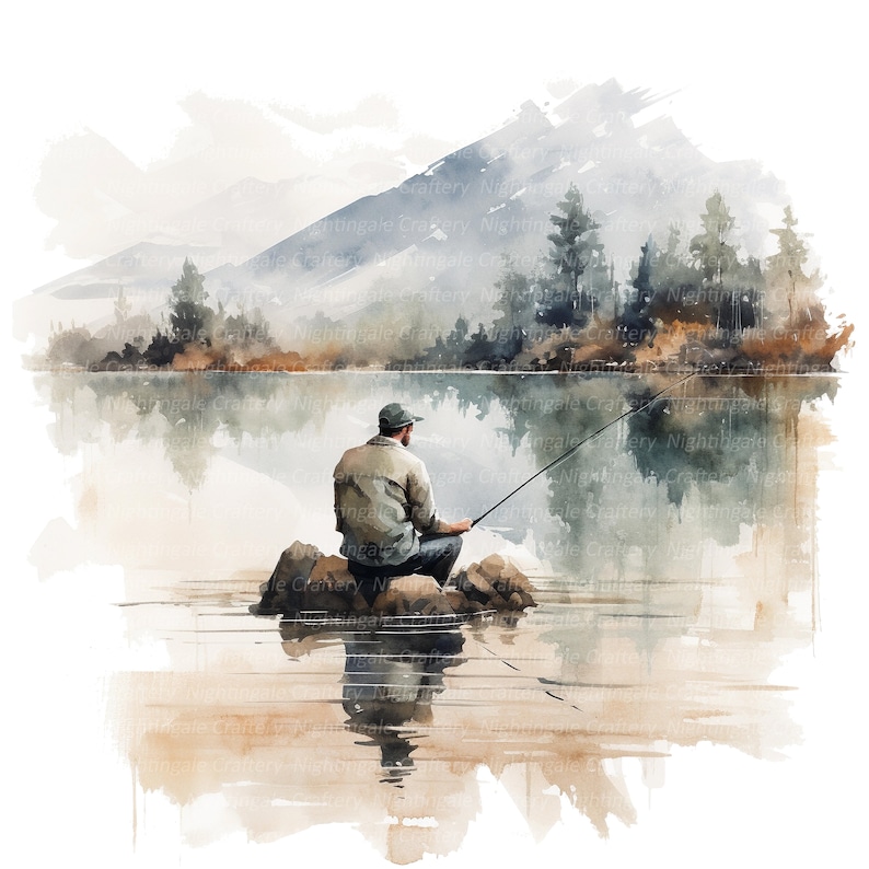 May include: A watercolor painting of a person fishing on a lake in front of a mountain range. The person is sitting on a rock and holding a fishing rod. The lake is calm and the water is reflecting the sky and mountains.