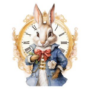 May include: A white rabbit wearing a blue jacket with gold buttons and a red bow tie, holding a white rose. The rabbit is standing in front of a gold clock face with Roman numerals.