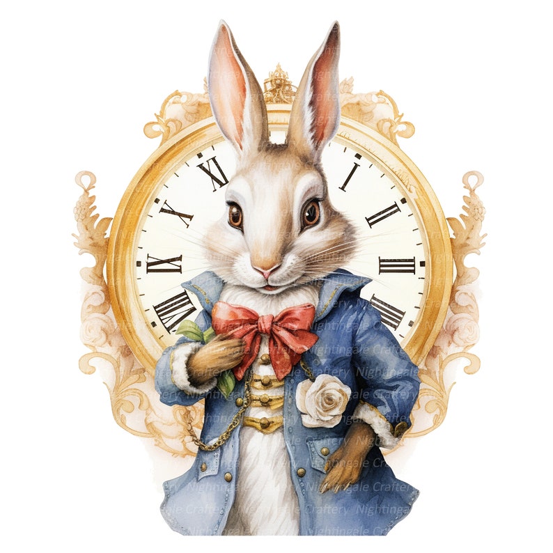 May include: A white rabbit wearing a blue jacket with gold buttons and a red bow tie, holding a white rose. The rabbit is standing in front of a gold clock face with Roman numerals.