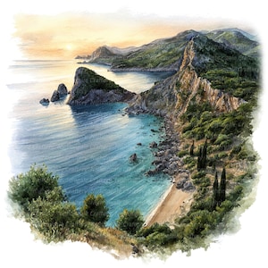 May include: Watercolor painting of a coastal landscape featuring a turquoise sea, rocky cliffs, and a sandy beach. The artwork depicts lush green vegetation and a sunset with warm orange and yellow hues.