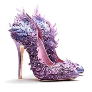 Puede incluir: Un par de zapatos de tac&oacute;n alto con intrincados detalles de plumas moradas y azules. Los zapatos est&aacute;n hechos de sat&eacute;n y tienen un delicado dise&ntilde;o floral.