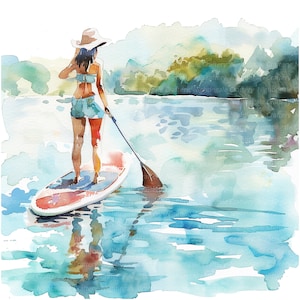 10 vrouw aan boord clipart, paddle board, afdrukbare aquarel clipart, hoge kwaliteit jpg's, digitale download, Paper Craft, junk journal