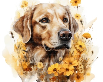 12 Golden Labrador in Flowers Clipart, Printable Watercolor clipart, High Quality JPGs, Digital download, Paper craft, junk journals