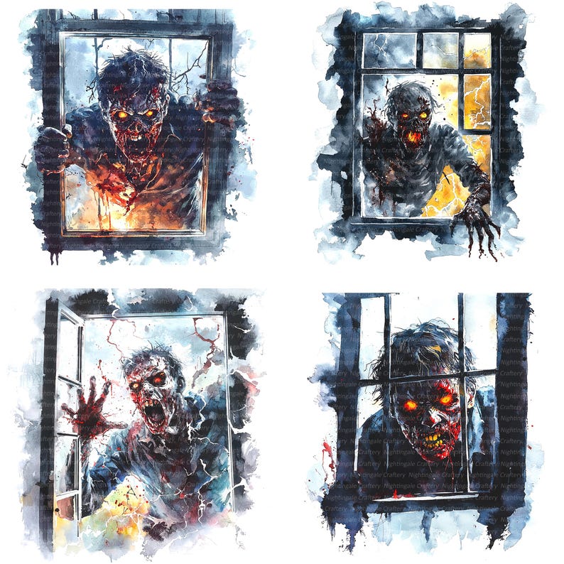 Zombie Window Scene 16 Halloween Clipart, Zombie and Window, Printable Watercolor Clipart ...