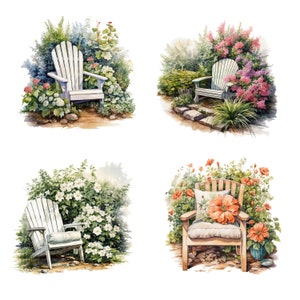 16 tuinstoel clipart, Floral stoel clipart, afdrukbare aquarel clipart, hoge kwaliteit jpg's, digitale download, Paper Craft, junk tijdschriften