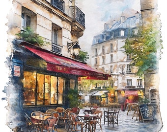 May include: A watercolor painting of a Parisian cafe with red awnings, tables and chairs, and a cobblestone street. The cafe is located on a corner and has a large window with a view of the street. The building is painted in a light beige color with a dark brown door. The painting has a soft, romantic feel.