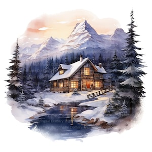 10 cabane en rondins dans la neige Clipart, clipart aquarelle imprimable, fichiers JPG de haute qualité, téléchargement numérique, haute résolution, créations en papier, journaux indésirables