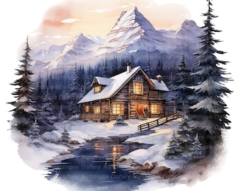 10 Log Cabin in Snow Clipart, Printable Watercolor clipart, High Quality JPGs, Digital download, High Resolution, Paper craft, junk journals